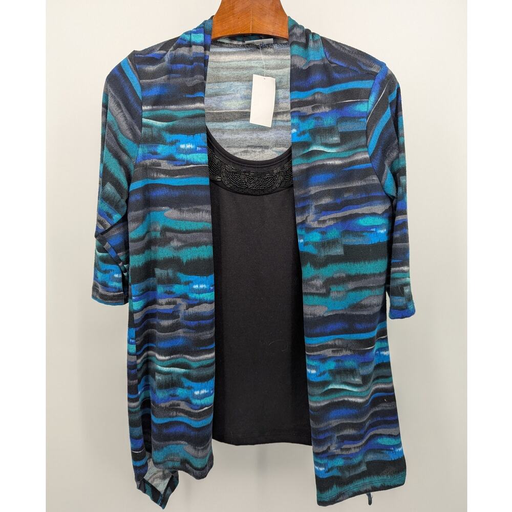 Essentials Womens Plus 0X Teal Abstract Print Open Cardigan Tank 2 Piece Set NWT